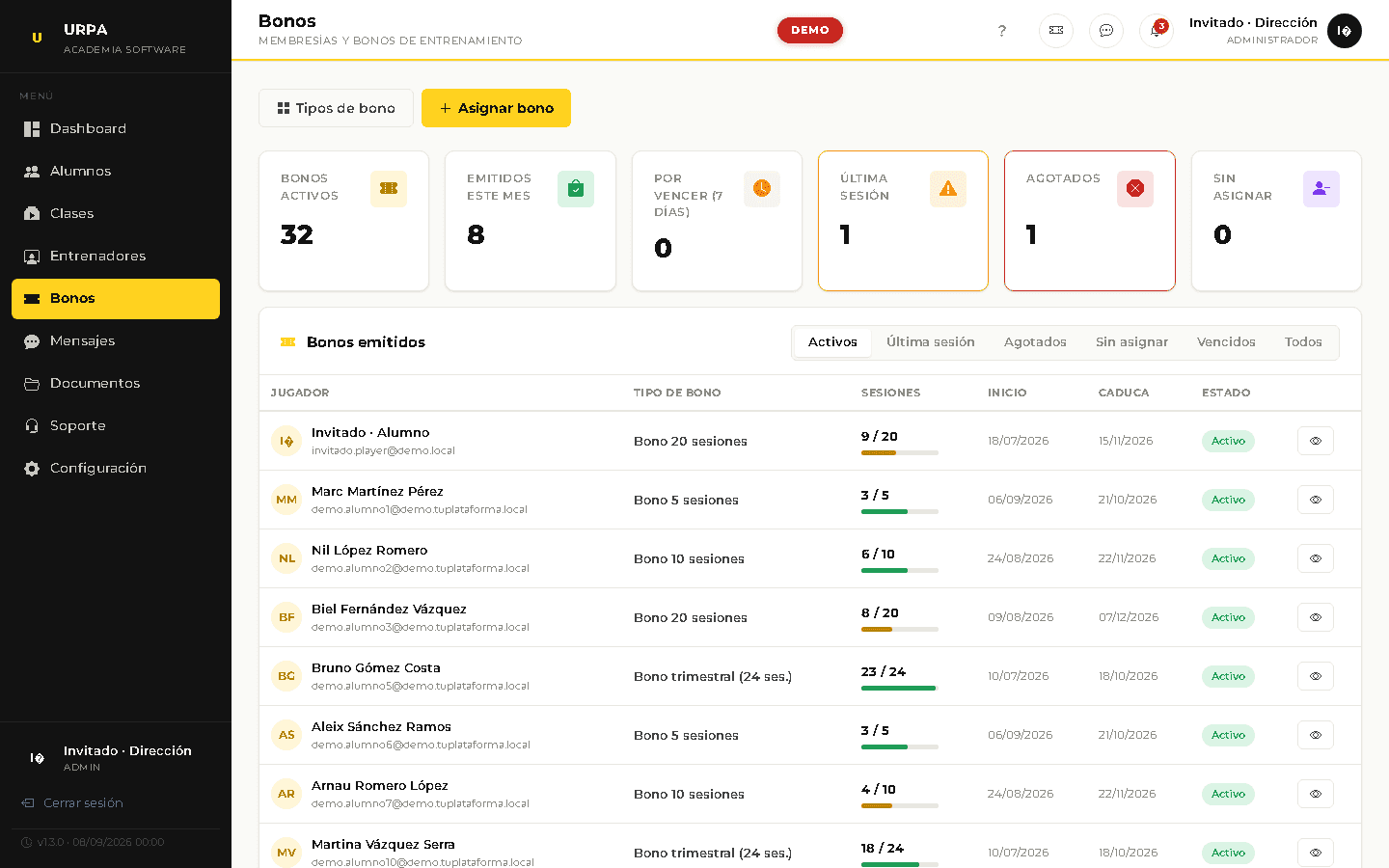 Panel de bonos con sesiones restantes y alertas de agotados