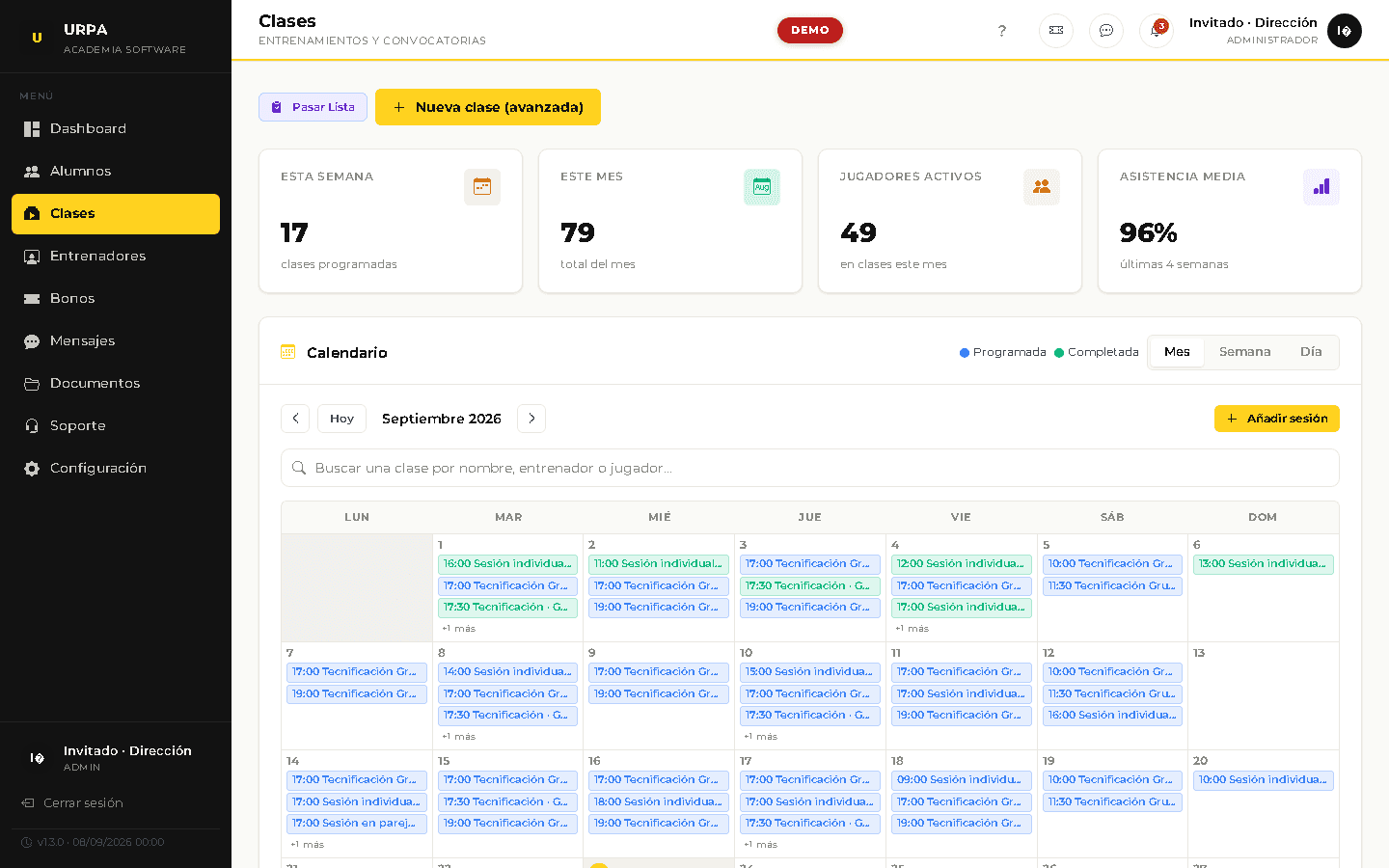 Calendario de clases de la plataforma con sesiones recurrentes