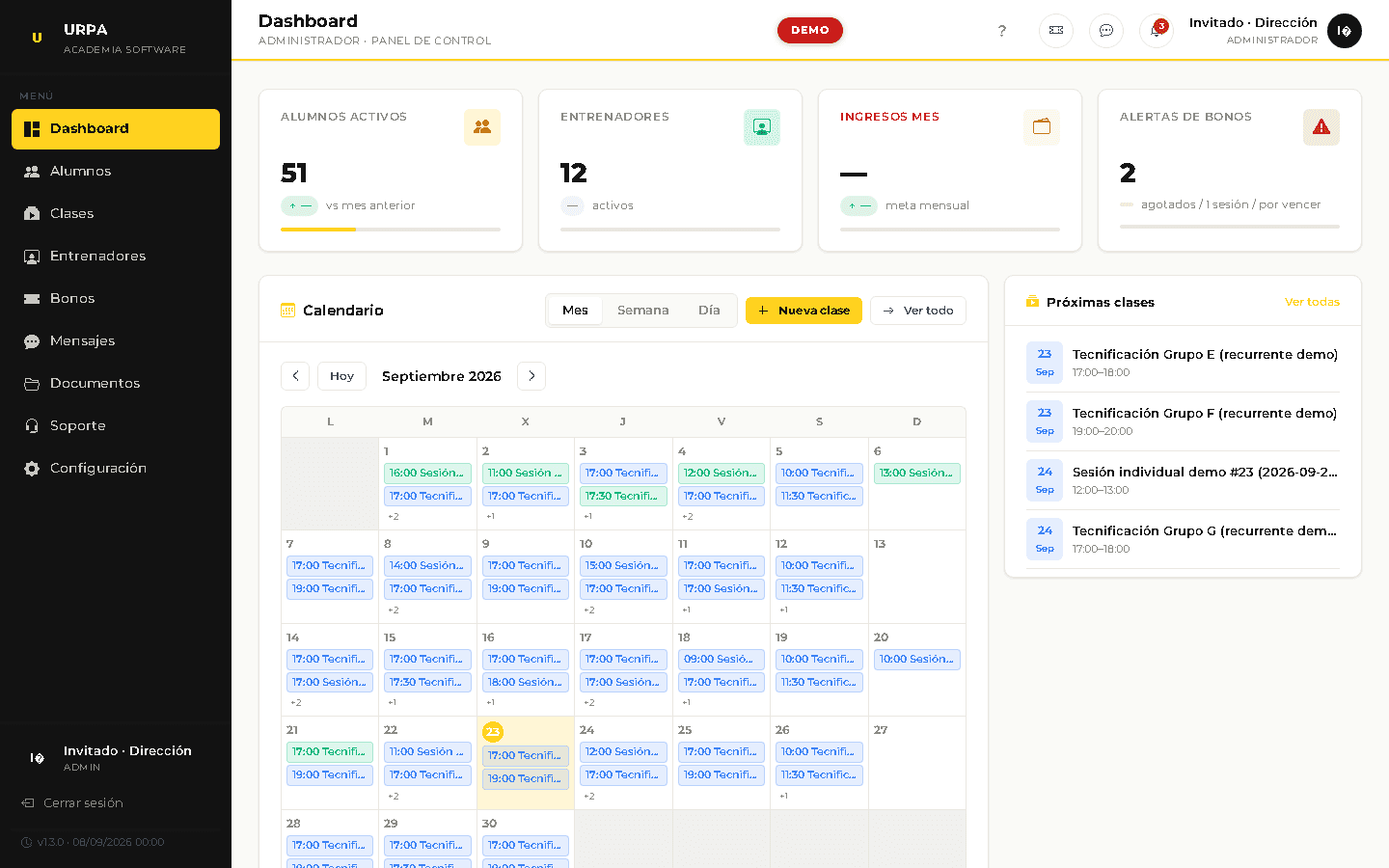Panel de administración de URPA Academy Software con calendario, alumnos activos y próximas clases